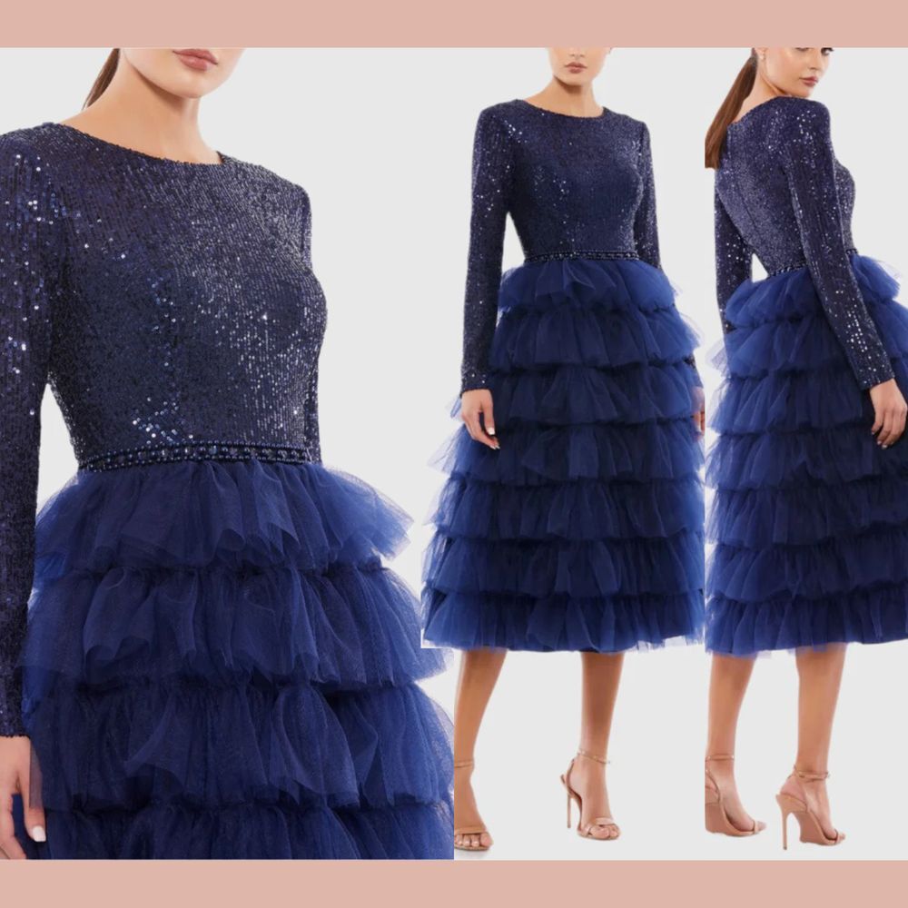NWT IEENA Mac‎ Duggal [ 2 ] 26299 Long Sleeve Ruffle Tiered Midi Dress Blue